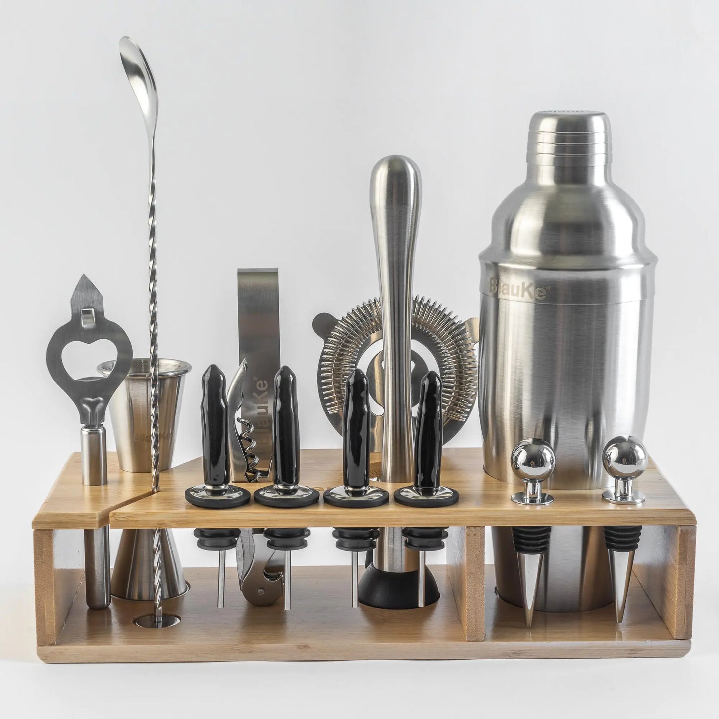 Stainless Steel Cocktail Shaker Set with Stand - 17-Piece Mixology Bartender Kit, Bar Set - 25oz Martini Shaker, Jigger, Strainer, Muddler, Mixing Spoon