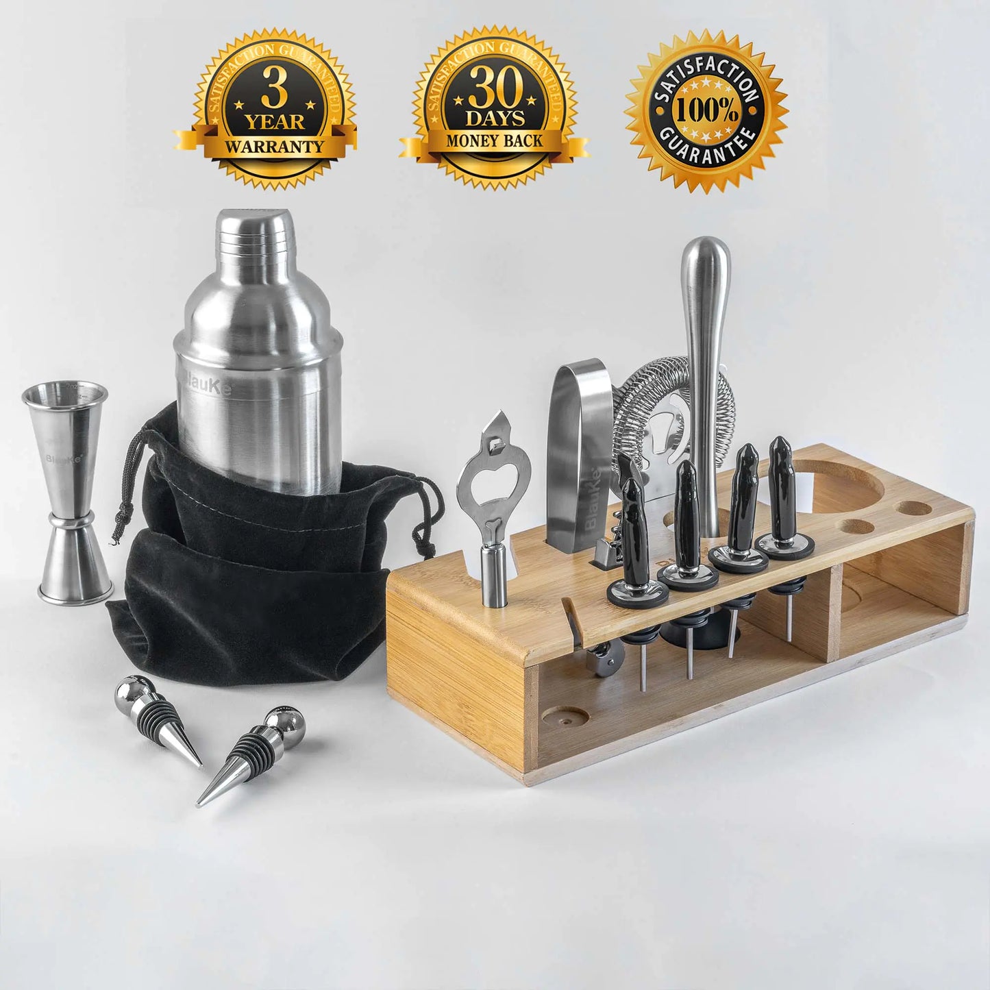 Stainless Steel Cocktail Shaker Set with Stand - 17-Piece Mixology Bartender Kit, Bar Set - 25oz Martini Shaker, Jigger, Strainer, Muddler, Mixing Spoon