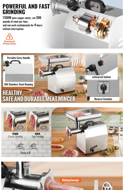 Electric Meat Grinder Food Processors Sausage Maker Filler Mincer Stuffer Stainless Steel with 2 Blades for Home Kitchen